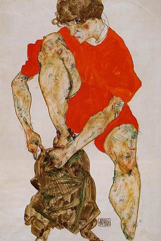 女模特穿着鲜红色夹克和裤子 Female Model in Bright Red Jacket and Pants (1914; Vienna,Austria                     )，埃贡·席勒