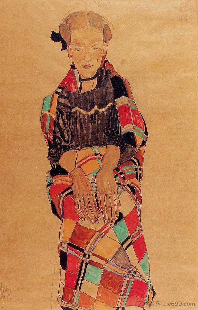 女孩在黑色皮纳福尔，包裹在格子毯子里 Girl in Black Pinafore, Wrapped in Plaid blanket (1910; Czech Republic  )，埃贡·席勒