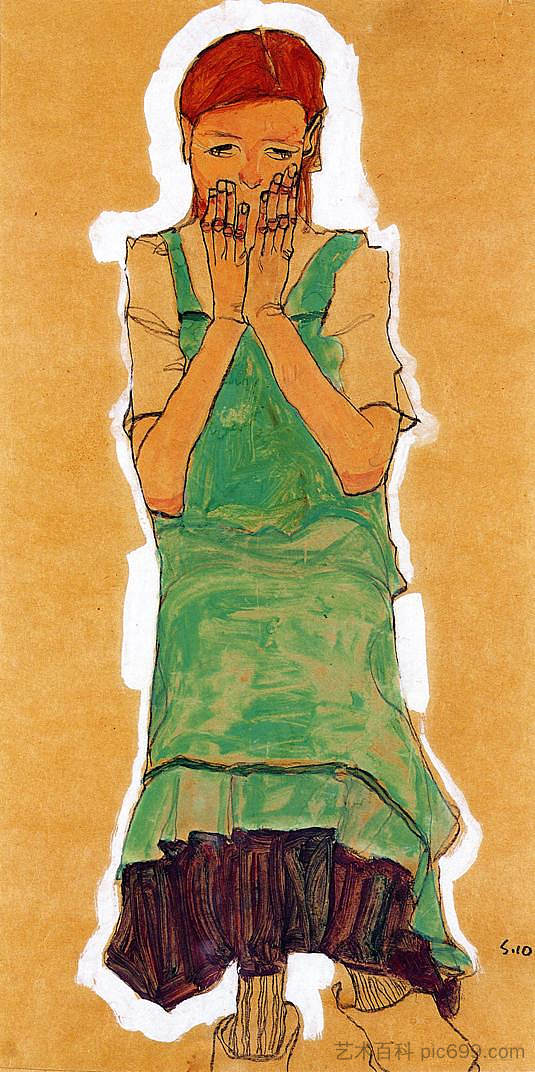 女孩与绿色皮纳福尔 Girl with Green Pinafore (1910; Czech Republic  )，埃贡·席勒