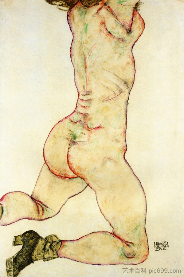 跪着的女性裸体，后视图 Kneeling Female Nude, Back View (1915; Vienna,Austria  )，埃贡·席勒