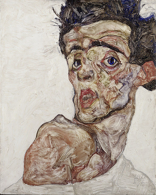 自画像与抬起的裸露肩膀 Self-Portrait with Raised Bared Shoulder (1912)，埃贡·席勒