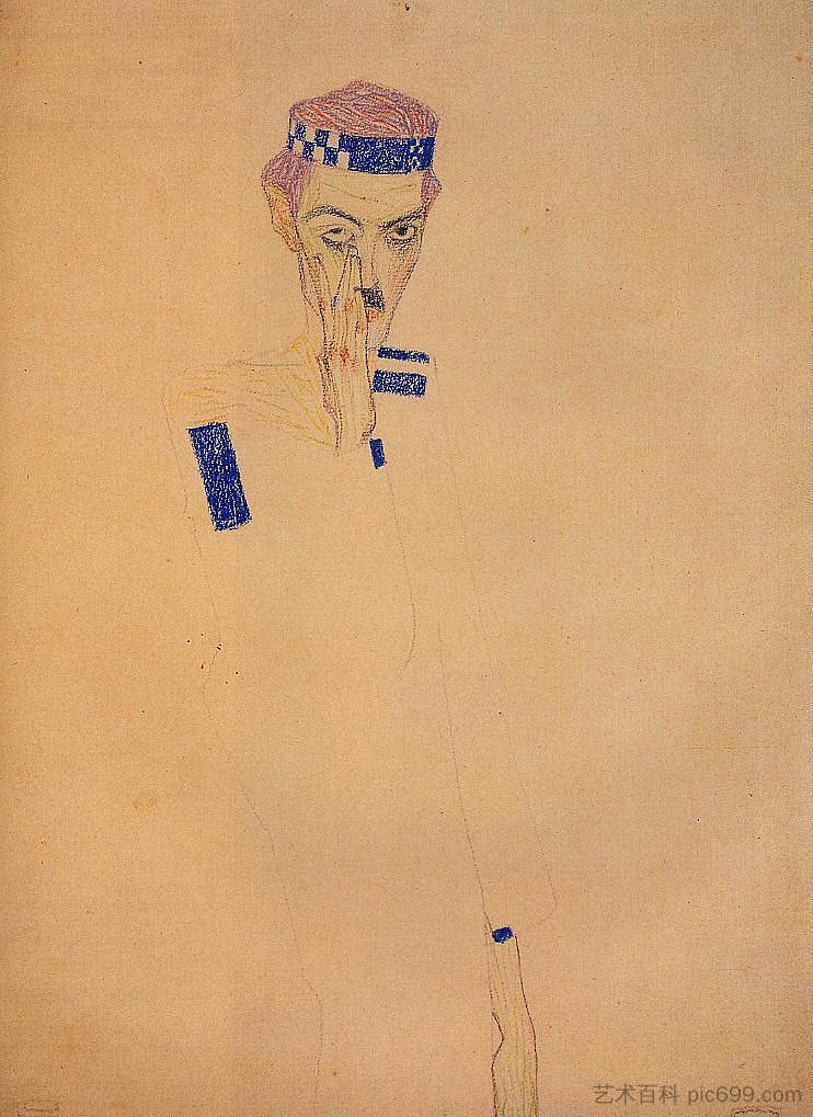 男人与蓝色发带和手在脸颊 Man with Blue Headband and Hand on Cheek (1909; Vienna,Austria  )，埃贡·席勒