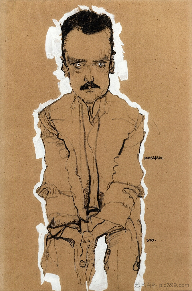 爱德华·科斯马克的肖像，正面，双手紧握 Portrait of Eduard Kosmack, Frontal, with Clasped Hands (1910; Czech Republic  )，埃贡·席勒