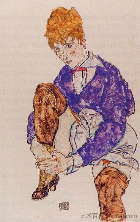 艺术家妻子坐着,抱着右腿的肖像 Portrait of the Artist's Wife Seated, Holding Her Right Leg (1917; Vienna,Austria ),埃贡·席勒