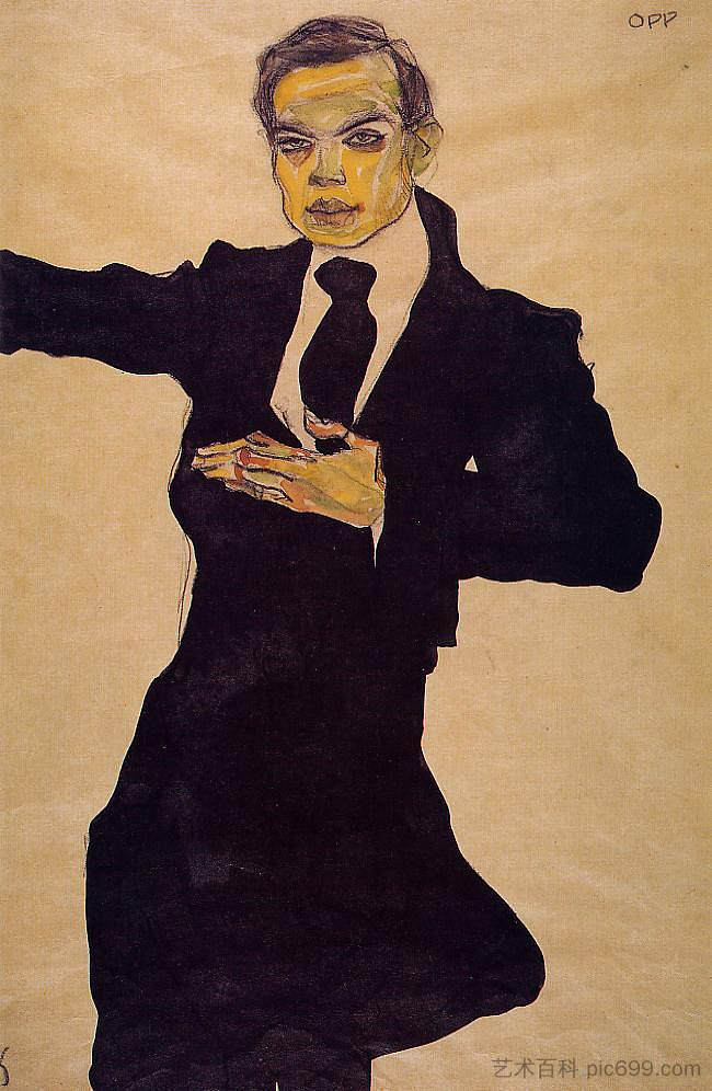 画家马克斯·奥本海默的肖像 Portrait of the Painter Max Oppenheimer (1910; Czech Republic  )，埃贡·席勒