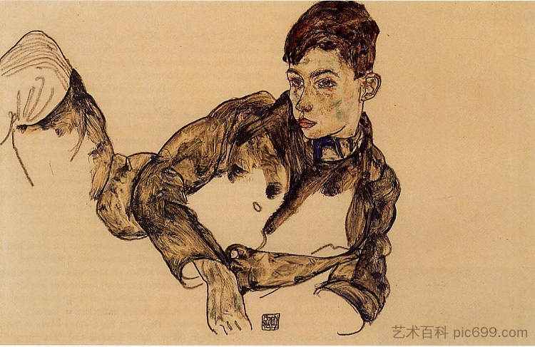 斜倚的男孩靠在他的肘部 Reclining Boy Leaning on His Elbow (1917; Vienna,Austria  )，埃贡·席勒