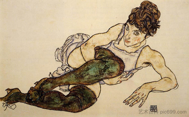 斜躺的女人与绿色丝袜（阿黛尔·哈姆斯） Reclining Woman with Green Stockings (Adele Harms) (1917; Vienna,Austria  )，埃贡·席勒