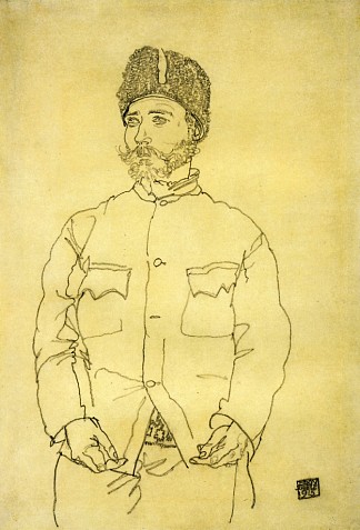 戴皮帽的俄罗斯战俘 Russian Prisoner of War with Fur Hat (1915; Vienna,Austria                     )，埃贡·席勒