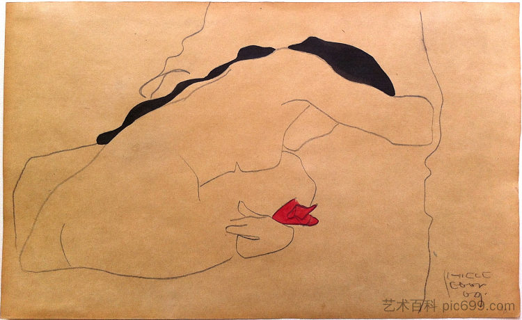 一个坐着的女性裸体与黑发的后视图，弯曲 Back View of a Seated Female Nude with Black Hair, Bending (1909)，埃贡·席勒