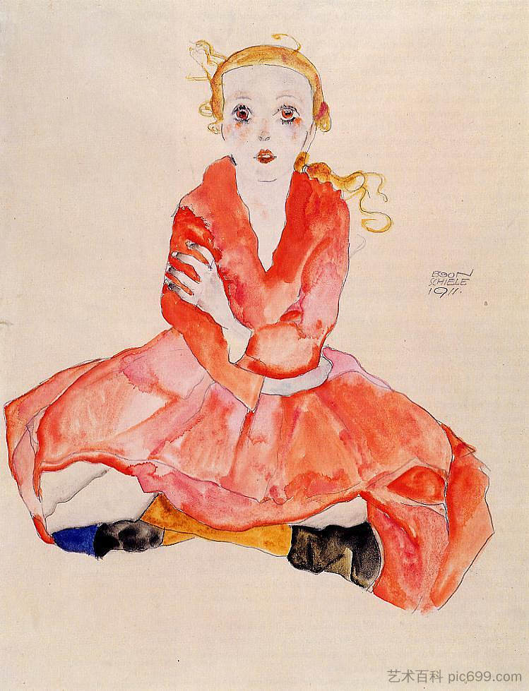 坐着的女孩面向正面 Seated Girl Facing Front (1911)，埃贡·席勒