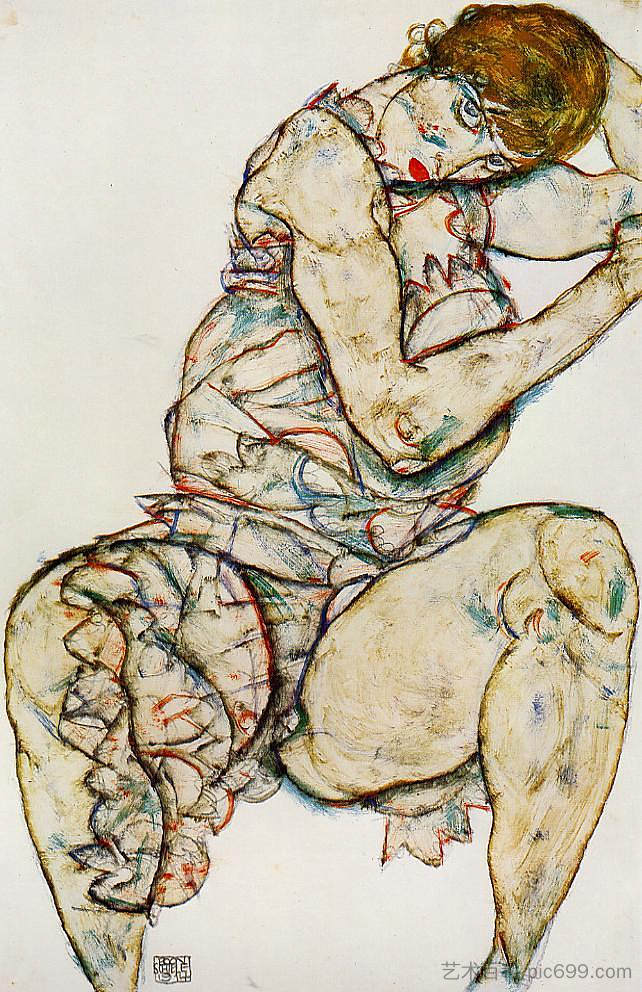 坐着的女人,左手插在头发上 Seated Woman with Her Left Hand in Her Hair (1914; Vienna,Austria ),埃贡·席勒