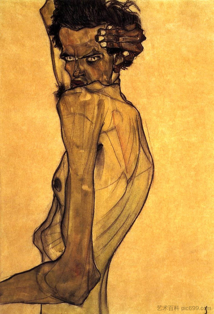 手臂在头顶扭转的自画像 Self Portrait with Arm Twisting above Head (1910; Czech Republic ),埃贡·席勒