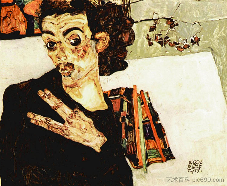 自画像与黑色花瓶和张开的手指 Self-Portrait with Black Vase and Spread Fingers (1911)，埃贡·席勒