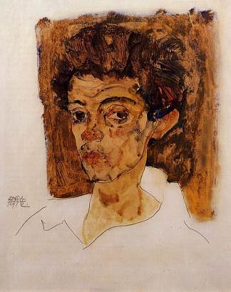 棕色背景的自画像 Self Portrait with Brown Background (1912)，埃贡·席勒