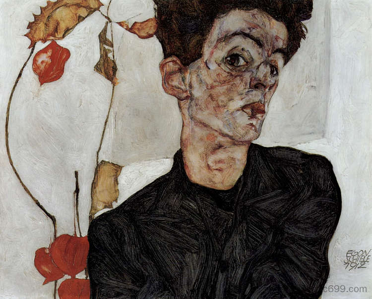 自画像与中国灯笼水果 Self-Portrait with Chinese lantern fruits (1912)，埃贡·席勒