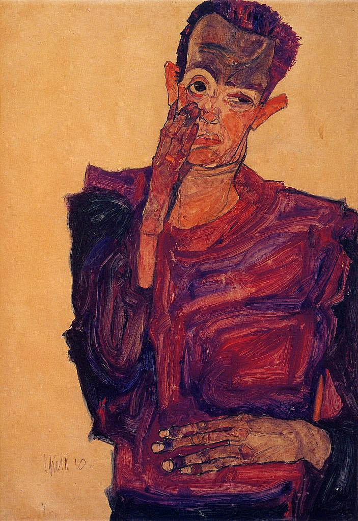 手到脸颊的自画像 Self Portrait with Hand to Cheek (1910; Czech Republic  )，埃贡·席勒