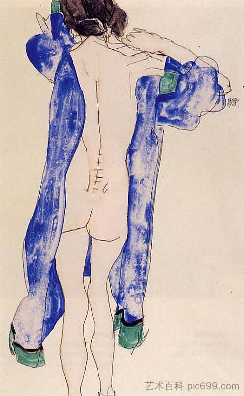 站在蓝色长袍中的女性裸体 Standing Female Nude in a Blue Robe (1913; Vienna,Austria  )，埃贡·席勒