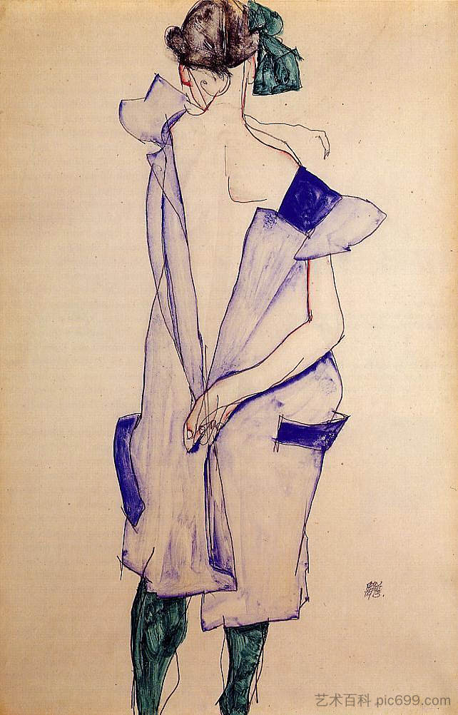 站在蓝色连衣裙和绿色丝袜的女孩，后视图 Standing Girl in a Blue Dress and Green Stockings, Back View (1913; Vienna,Austria  )，埃贡·席勒