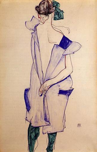 站在蓝色连衣裙和绿色丝袜的女孩，后视图 Standing Girl in a Blue Dress and Green Stockings, Back View (1913; Vienna,Austria                     )，埃贡·席勒