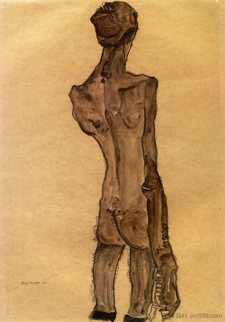 站立男性裸体，后视图 Standing Male Nude, Back View (1910; Czech Republic  )，埃贡·席勒