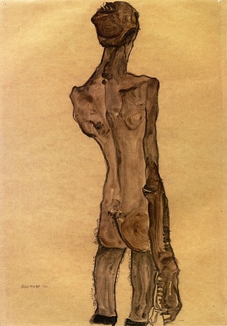 站立男性裸体，后视图 Standing Male Nude, Back View (1910; Czech Republic                     )，埃贡·席勒