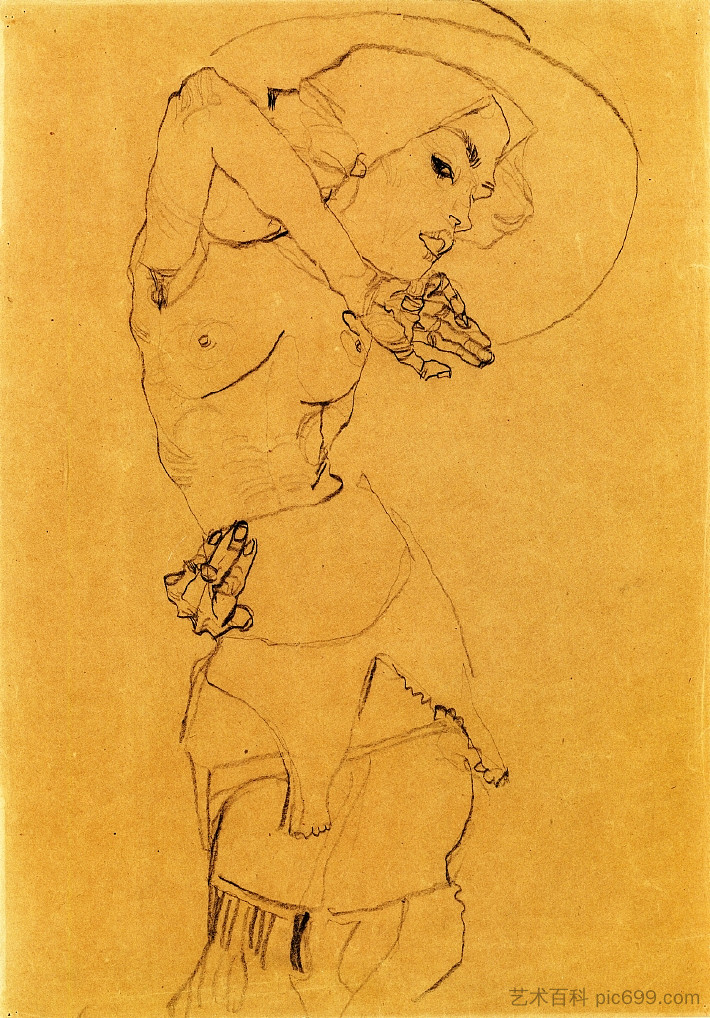 戴大帽子的裸体站立（格特鲁德·席勒） Standing Nude with Large Hat (Gertrude Schiele) (1910; Czech Republic  )，埃贡·席勒