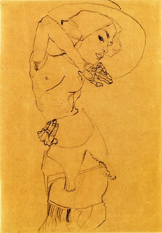 戴大帽子的裸体站立（格特鲁德·席勒） Standing Nude with Large Hat (Gertrude Schiele) (1910; Czech Republic                     )，埃贡·席勒