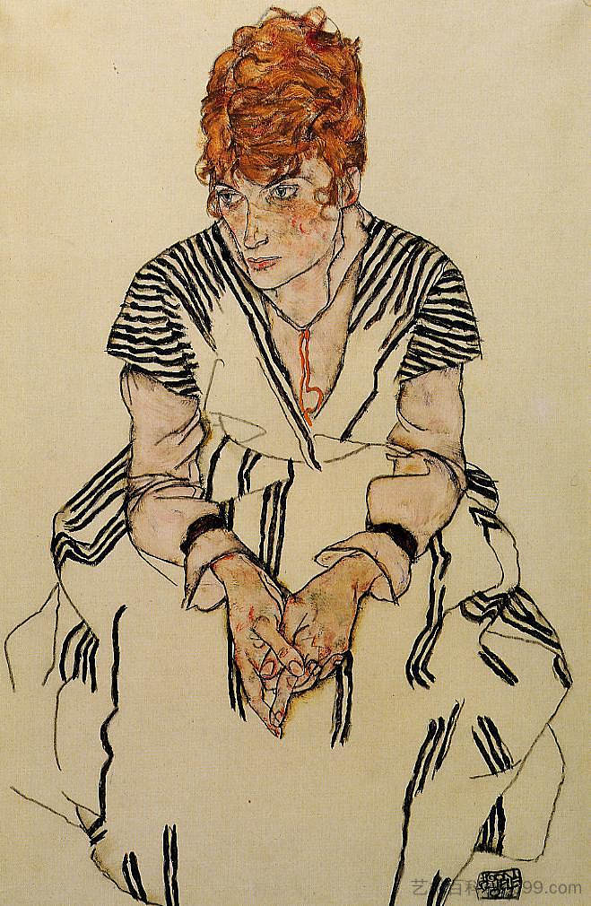 穿着条纹连衣裙的艺术家嫂子 The Artist's Sister in Law in a Striped Dress (1917; Vienna,Austria  )，埃贡·席勒