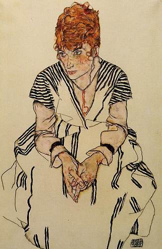 穿着条纹连衣裙的艺术家嫂子 The Artist’s Sister in Law in a Striped Dress (1917; Vienna,Austria                     )，埃贡·席勒