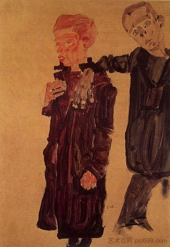 两个排水沟鹬 Two Guttersnipes (1910; Czech Republic ),埃贡·席勒