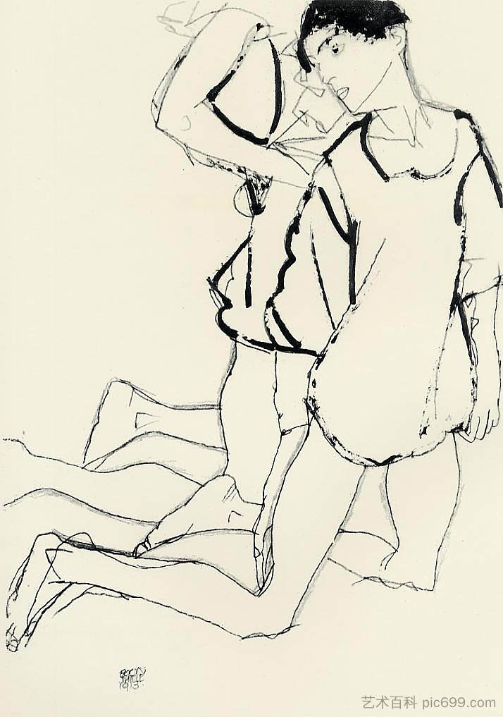 两个跪着的人物(平行四边形) Two Kneeling Figures (Parallelogram) (1913; Vienna,Austria ),埃贡·席勒