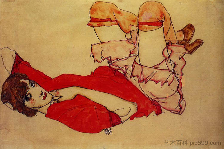 沃利与红色衬衫 Wally with a Red Blouse (c.1913)，埃贡·席勒