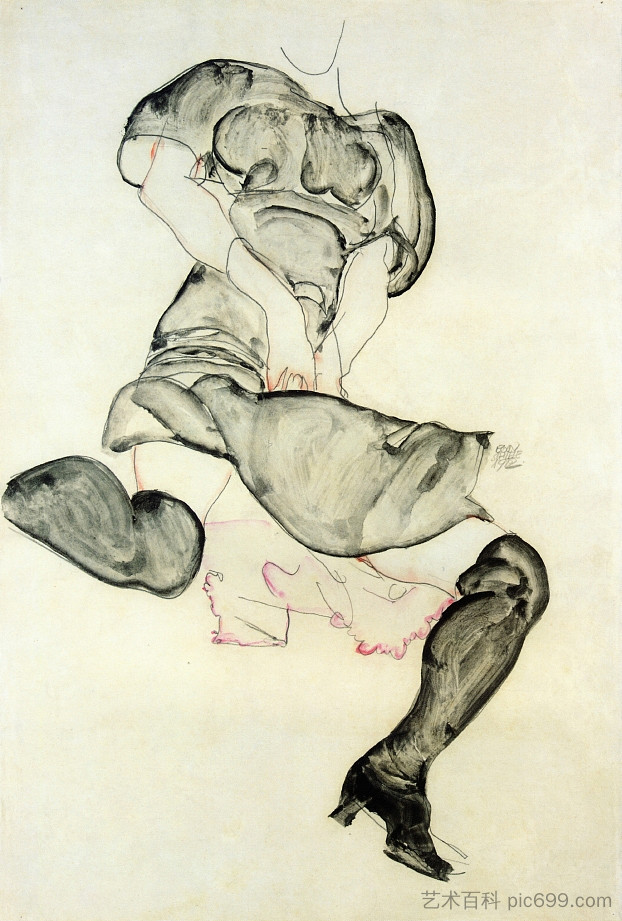 穿黑丝袜的女人 Woman with Black Stockings (1912)，埃贡·席勒