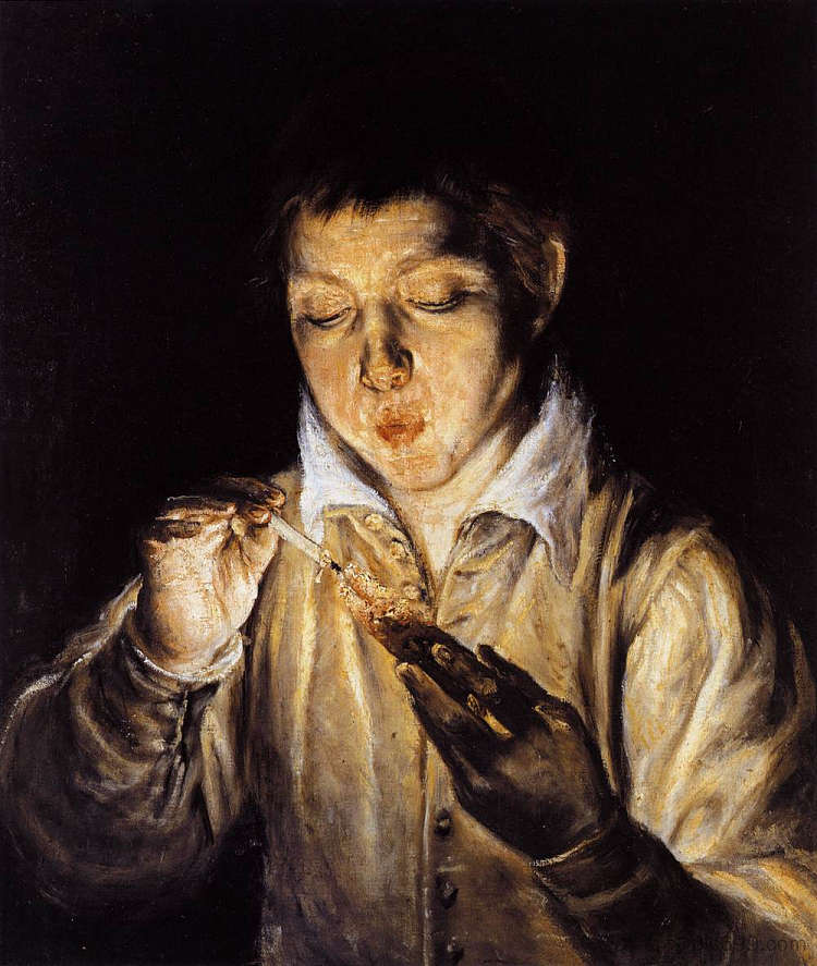 一个男孩吹着余烬点燃蜡烛 A boy blowing on an ember to light a candle (c.1570; Venice,Italy ),埃尔·格列柯