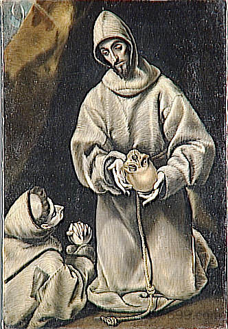 圣弗朗西斯和弟弟利奥沉思死亡 St. Francis and brother Leo meditating on death (c.1600; Spain  )，埃尔·格列柯