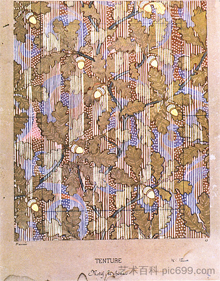 橡木 - 织物印花研究 Oak - Study for fabric printing (c.1896)，埃利塞乌维斯康蒂