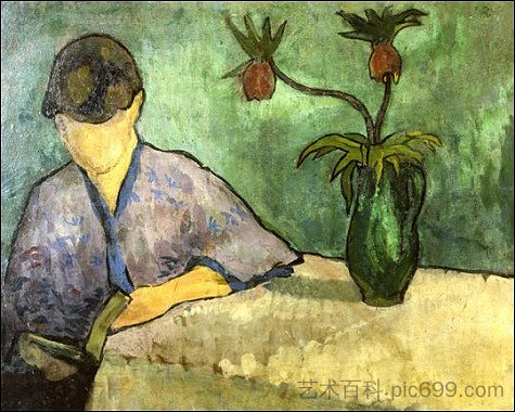 穿着和服的年轻女子， 阅读 Young Woman in Kimono, Reading (1887)，埃米尔·伯纳德