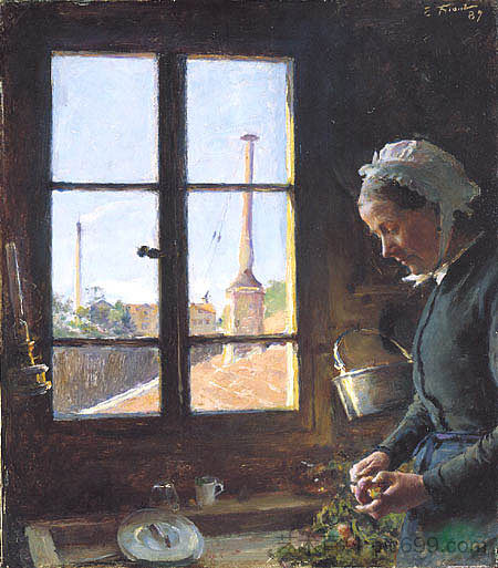 我母亲在窗前剥萝卜的肖像 Portrait of my mother peeling a turnip, in front of a window (1887)，埃米尔·弗里安特