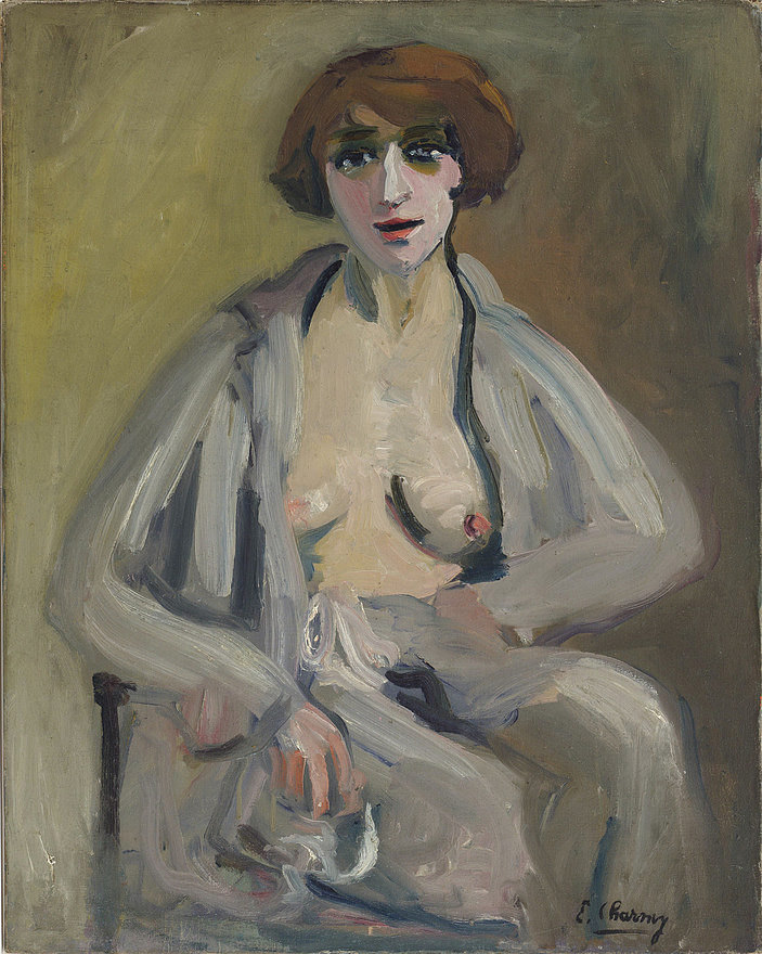 自画像与开放式睡袍 Self Portrait with Open Dressing Gown (c.1920)，艾蜜莉·查米