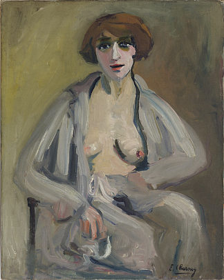 自画像与开放式睡袍 Self Portrait with Open Dressing Gown (c.1920)，艾蜜莉·查米