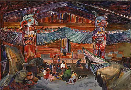 印度房屋内部与图腾 Indian House Interior with Totems (1912; Canada  )，埃米莉·凯尔