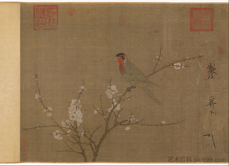 盛开的杏树上的五色长尾小鹦鹉 Five-colored parakeet on a blossoming apricot tree (1119)，徽宗皇帝