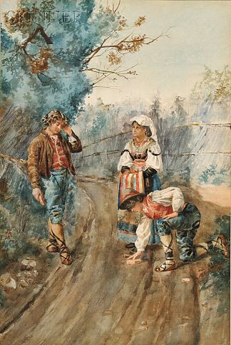 农民在乡间小路上停顿 Peasants pausing on a country lane (1881)，恩里科·纳尔迪