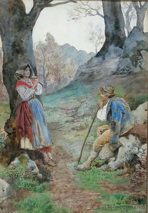 牧羊女为她的追求者唱小夜曲 A shepherdess serenading her suitor，恩里科·纳尔迪