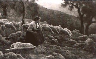 丘陵牧场，羊群中间坐着的牧羊女 Hilly pasture land with a seated shepherdess in the midst of her flock，恩里科·纳尔迪
