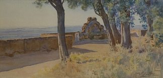 蒂沃利，从带喷泉的露台上欣赏埃斯特别墅的景色 Tivoli, view of Villa d’Este from a terrace with a fountain，恩里科·纳尔迪