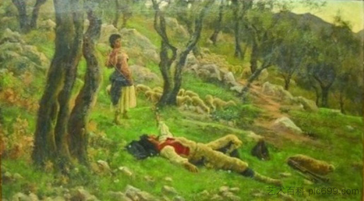 风笛手和牧羊女与羊群在树林里 Bagpiper and shepherdess with flock in the woods，恩里科·纳尔迪