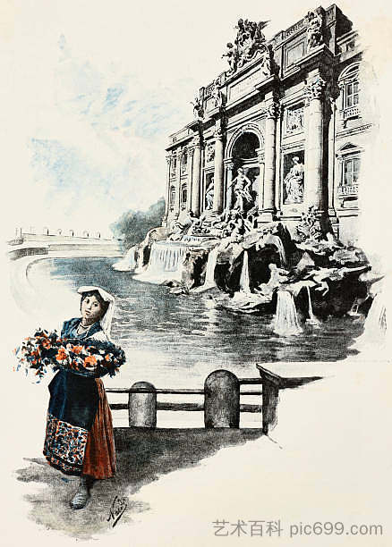 罗马特雷维喷泉的景色 View of the Trevi Fountain in Rome (1891 - 1892)，恩里科·纳尔迪