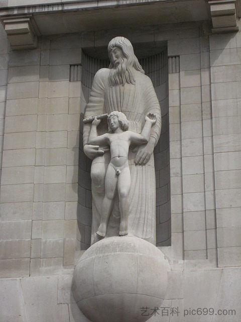 爱丽儿和普洛斯彼罗在BBC广播公司的入口处。 Ariel and Prospero Above the Entrance to the Bbc's Broadcasting House.，埃里克·吉尔