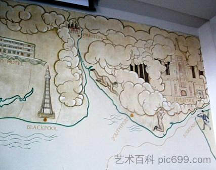 莫尔科姆米德兰酒店的英格兰西北部地图（细节） Map of North West England in the Midland Hotel, Morecombe (detail)，埃里克·吉尔